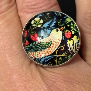 Oversized Strawberry thief William morris print ring stainless steel glass cabochon adjustable