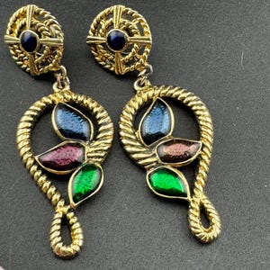 Retro 1980s Gold tone brown green blue enamel dangly drop earrings