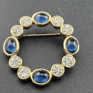 May include: A gold-toned brooch in the shape of a circle, with alternating blue and clear rhinestones.