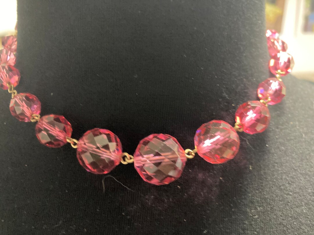 Antique Pink Faceted Glass Crystal Art Deco Beaded Necklace Etsy