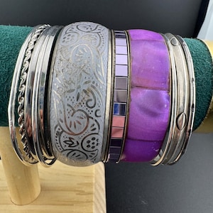 Silver Bangle Stack, Boho Festival Bracelets | Brass Metal | 65Mm Internal Diameter, Purple Pink Tones