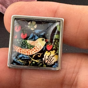 Oversized William Morris print strawberry thief ring BIRD design square glass cabochon adjustable 2cm