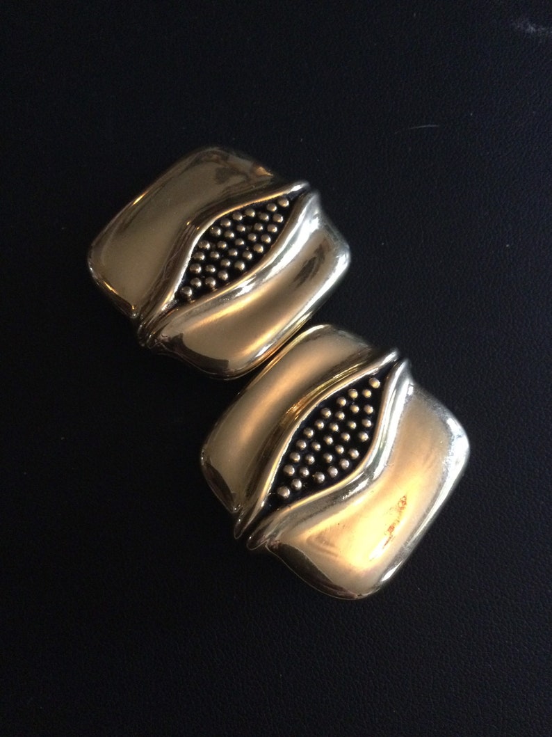 Signed SIDNEY CARRON Paris French designer vintage retro large gold tone modernist minimal square iconic large oversized clip on earrings