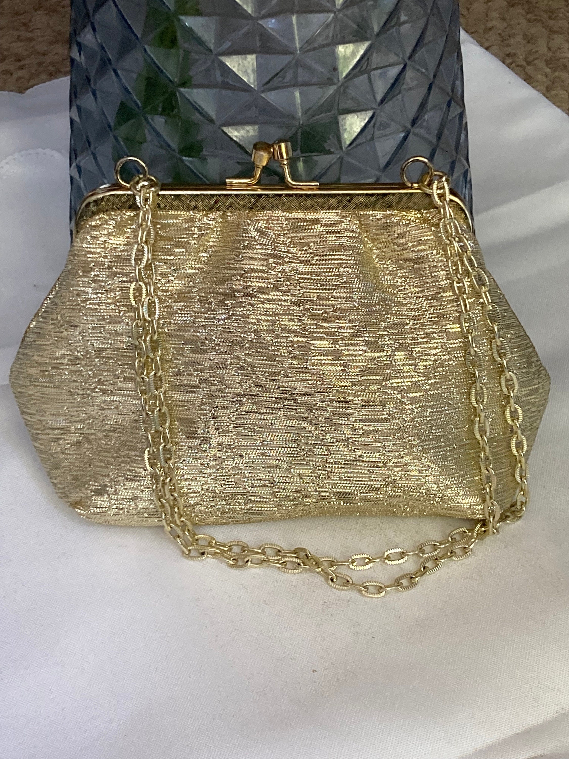Vintage 1960s Gold Lurex Evening Bag Cosmetic Purse -  Hong Kong