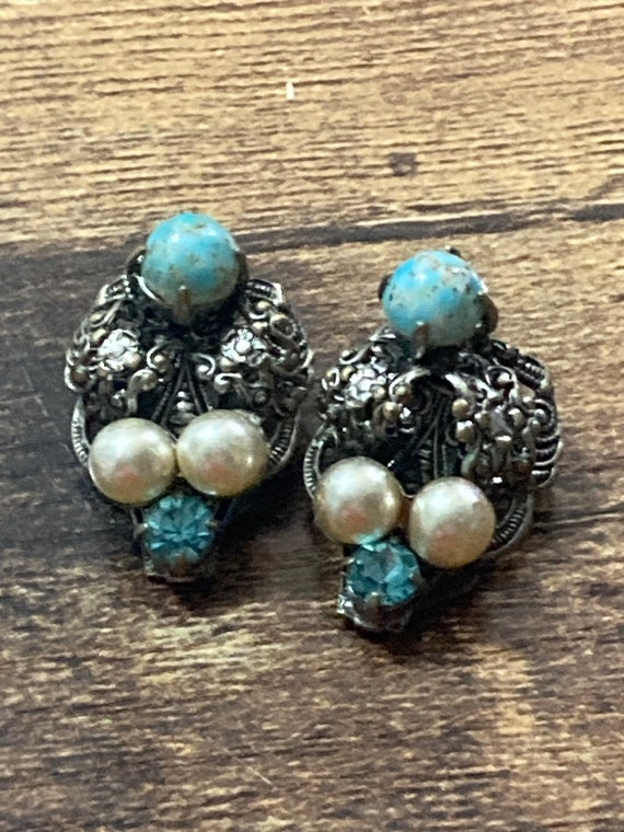 Boucles D'oreilles Vintage Clips - Imitation Turquoise En Pâte De Verre - Occasion, Style Rétro