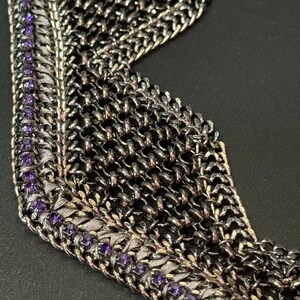 Retro deep purple Swarovski Crystal diamanté and dark grey silver tone chainmail wide choker necklace designer image 3