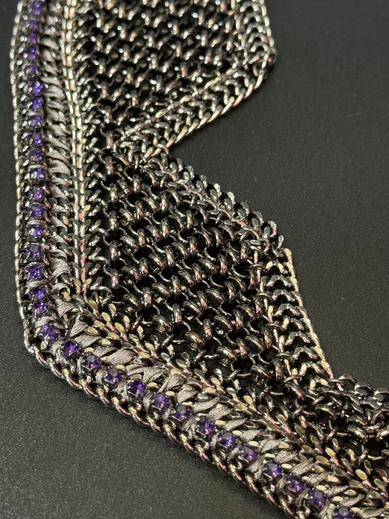 Retro deep purple Swarovski Crystal diamanté and dark grey silver tone chainmail wide choker necklace designer image 3