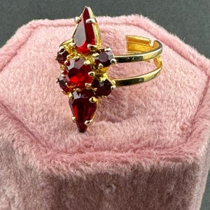 Ruby Red Gold Cluster Ring - Adjustable, Vintage 1970s