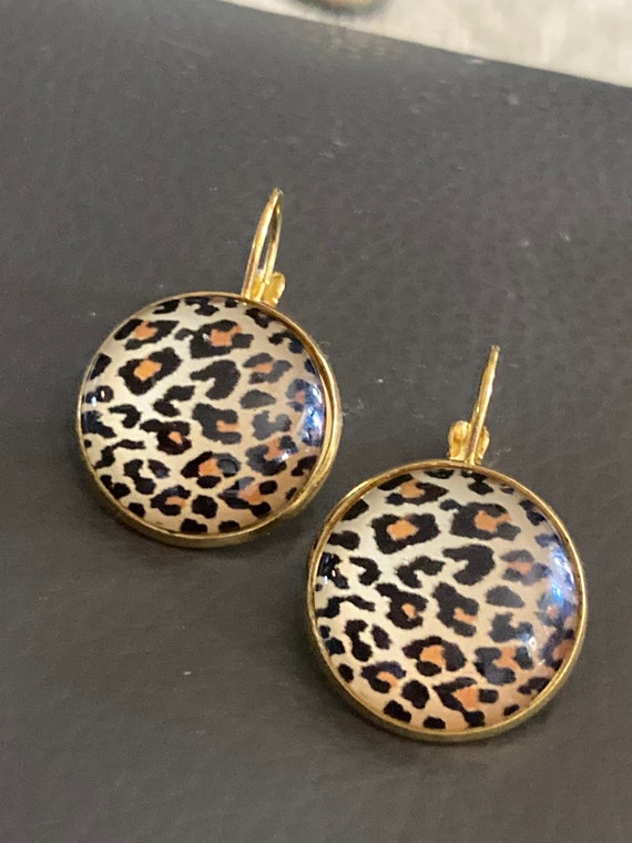 Brown Leopard Print Drop Earrings Round Glass Cabochon Etsy