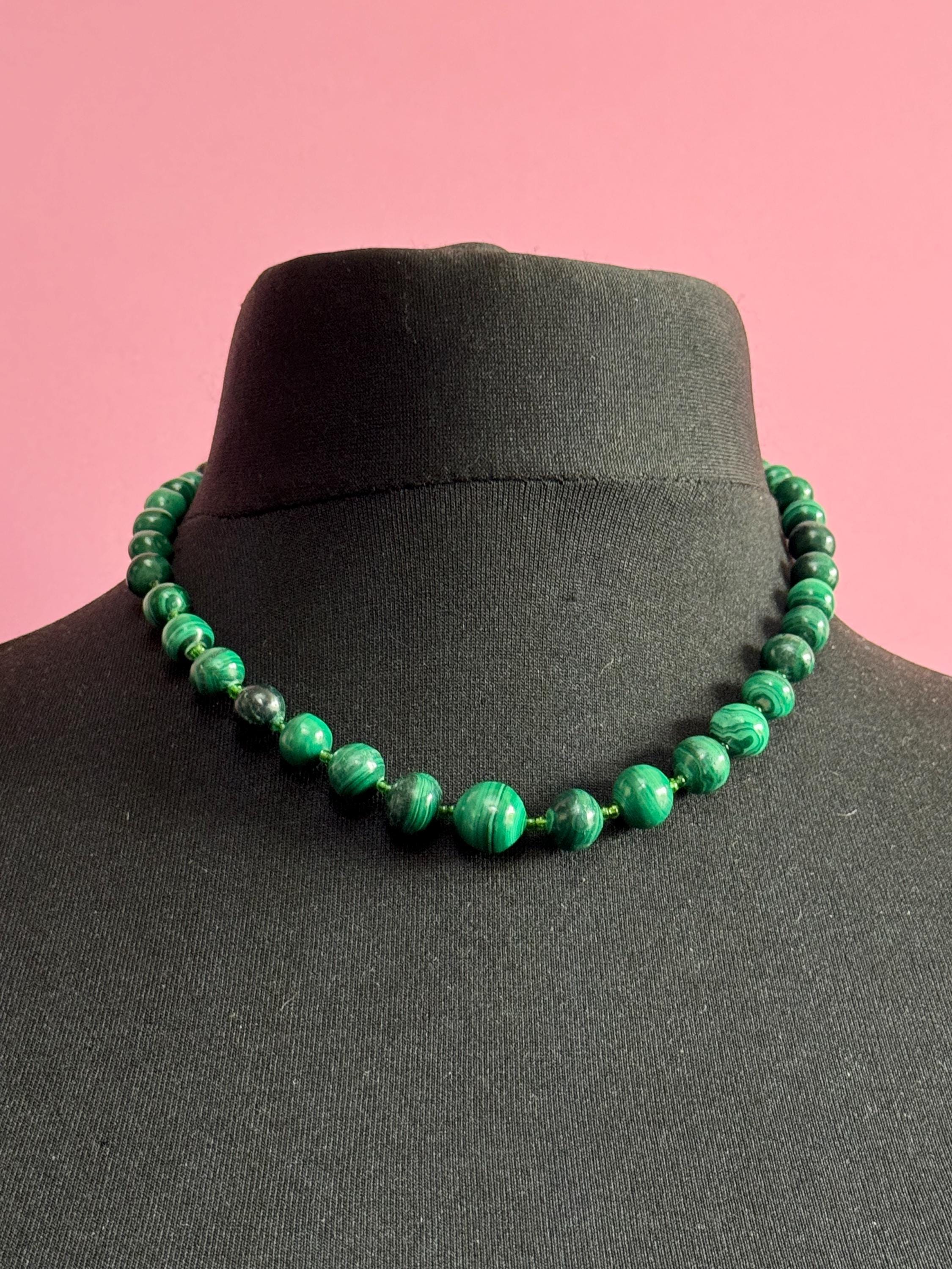 Collier Fantaisie Vintage En Malachite Des Années 50 - Occasion - Bijou Ancien Vert Et Argenté