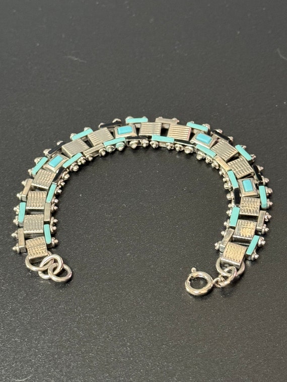 Native American Detailed Vintage Turquoise Geometric Sterling Silver Link Bracelet Old Native American Detailed Vintage Turquoise Geometric Sterling Silver Link Bracelet Old