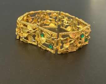 Bracelet vintage à maillons à maillons feuilles et feuilles dorées avec strass vert émeraude 20 cm x 22 mm