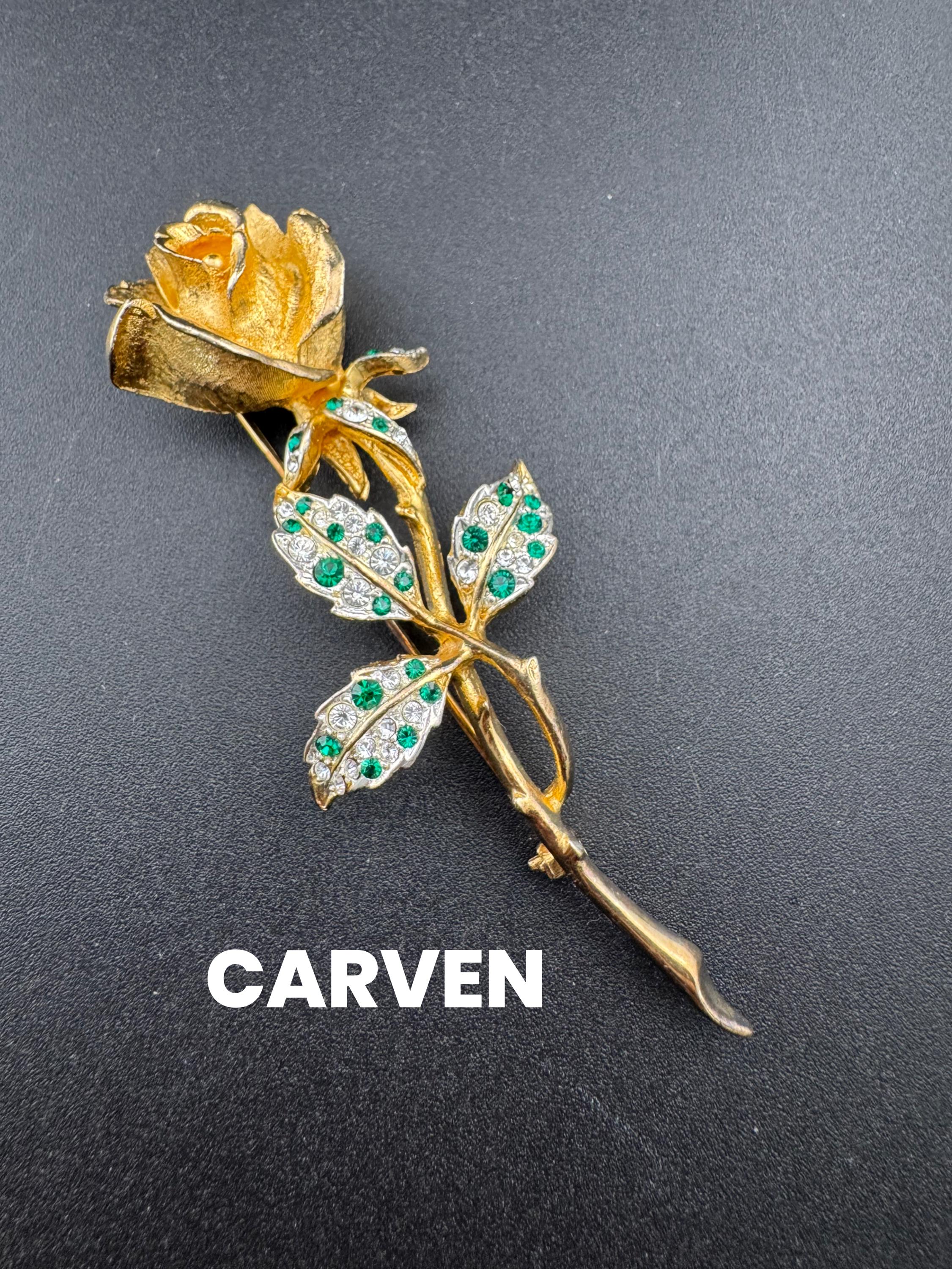 BROCHE FLEUR Dorée Signée CARVEN – Vintage – Cabochons Roses – Très Bon état