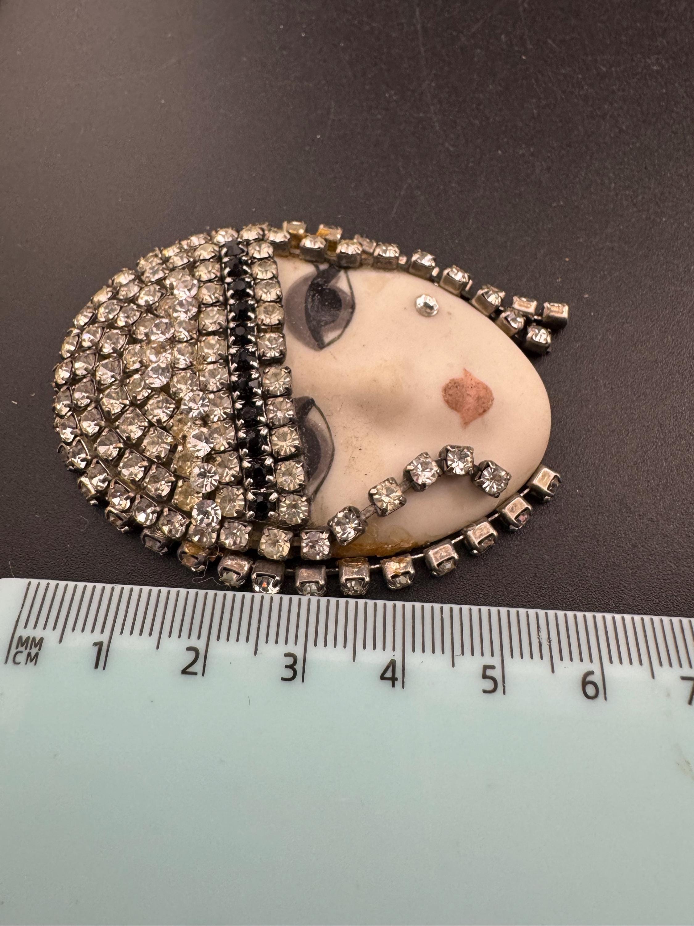 Rhinestone Ceramic Flapper Face Brooch: Signed Vintage 