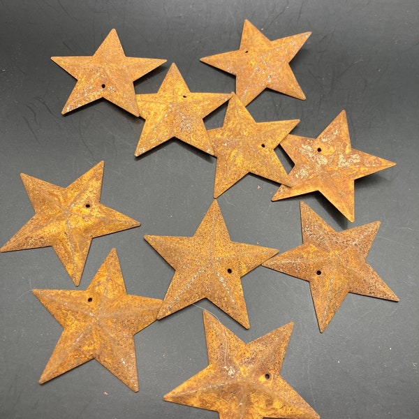 Set of 10 x 4.5cm rusty metal rustic embossed pressed metal STARS craft