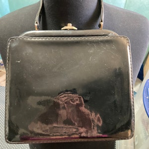 Vintage Patent Gold black patent Formal Handbag suede lined Purse Bag 1950s