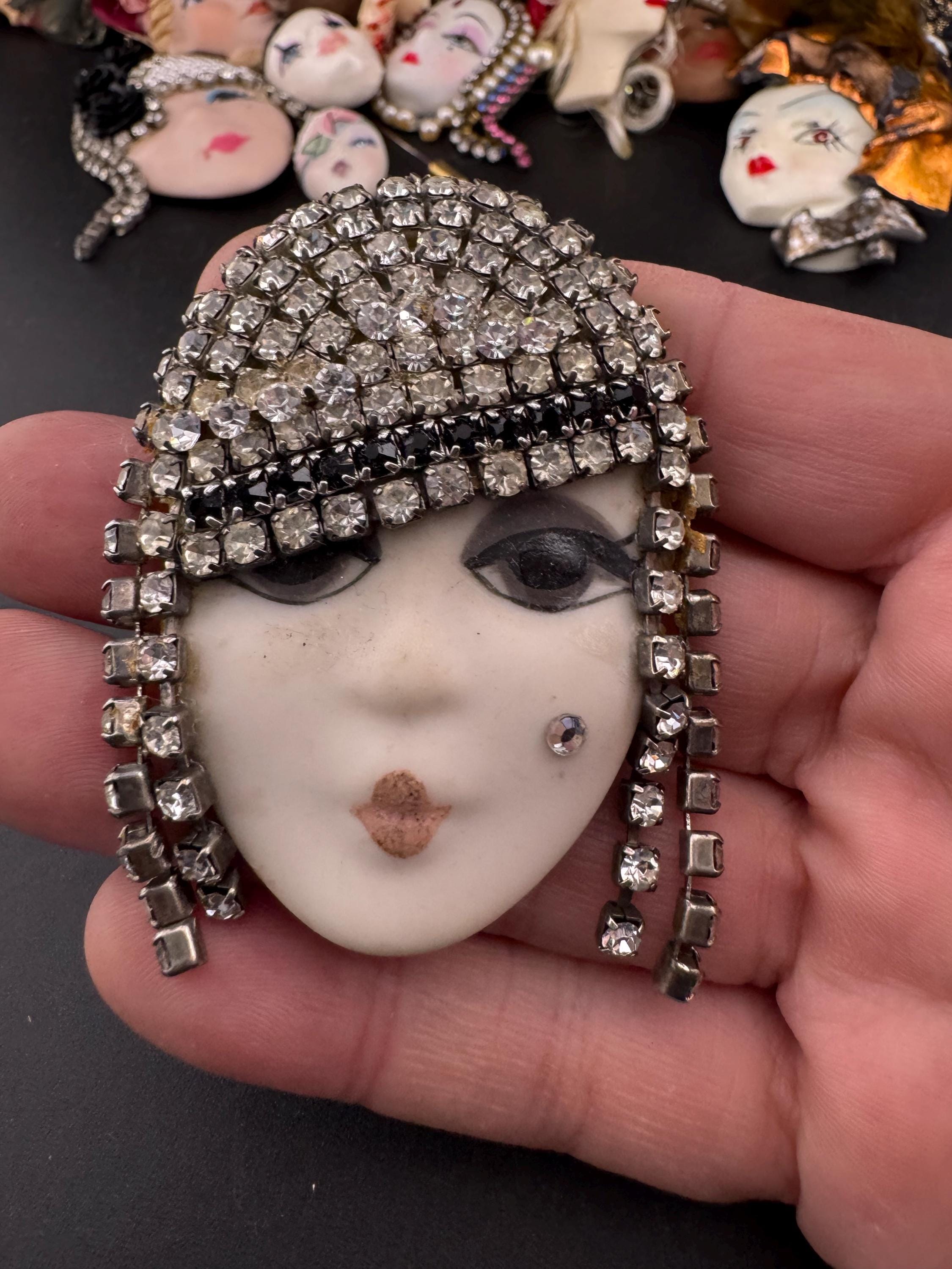 Signed R40 Flapper Lady Porcelain Brooch Rhinestone Ceramic Flapper Face Brooch: Signed Vintage  main image 3