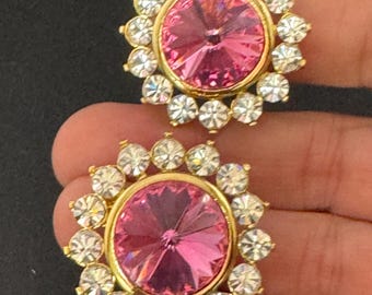 Oversized Earrings, Pink Rivoli Glass Clip-Ons | Swarovski | Gold Tone | 3.5Cm | 1980S