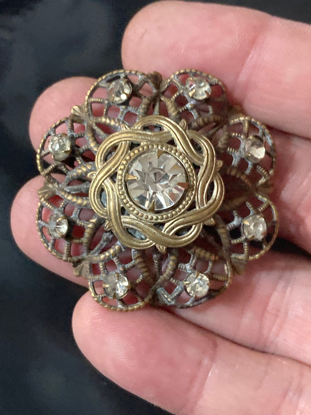 Broche Vintage Filigrane Laiton - Cabochon Verre Porphyre Violet Strass - #85G7