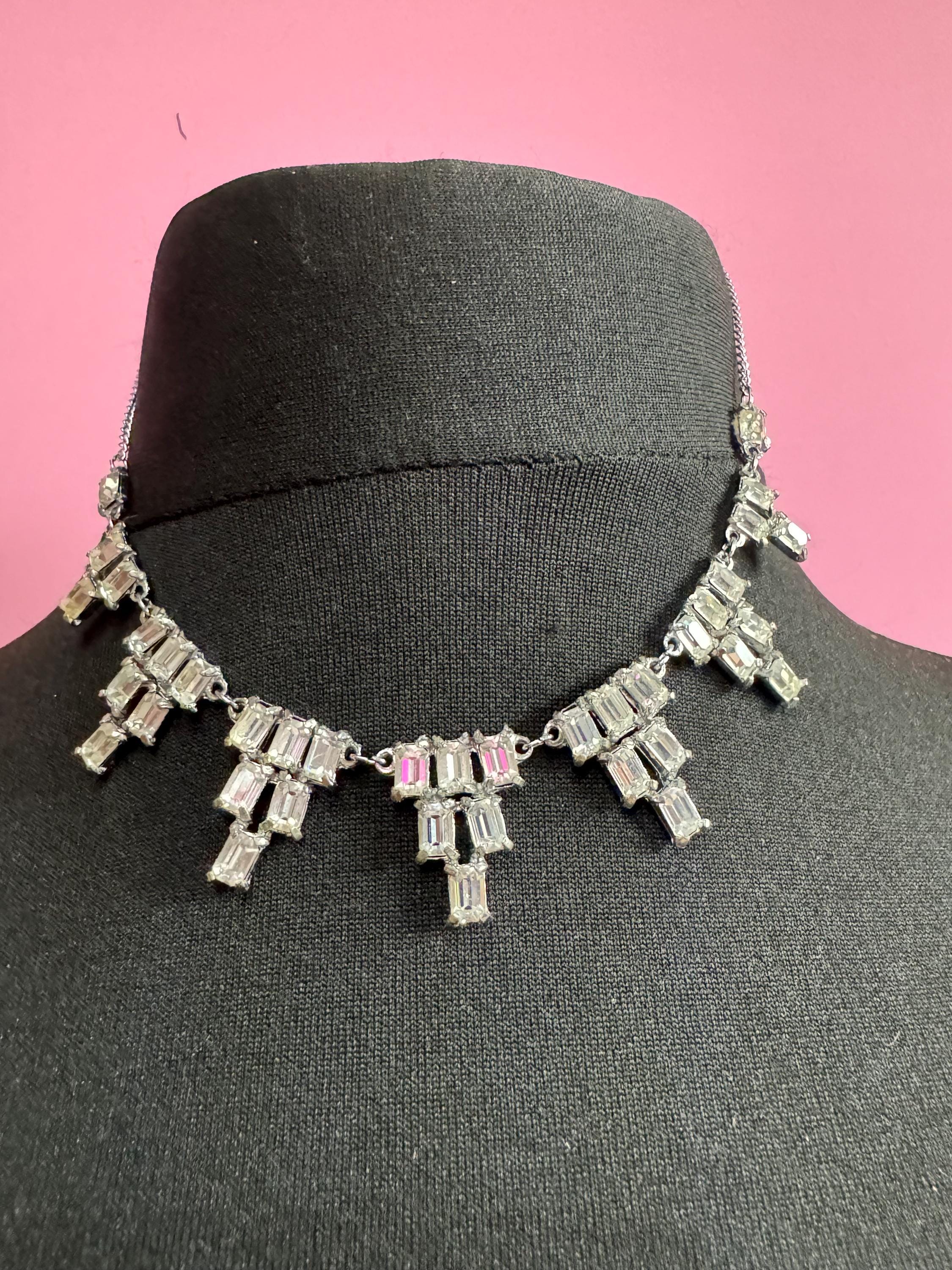 Vintage Diamond Collar Necklace Petite Fit 1950s Vintage Diamante