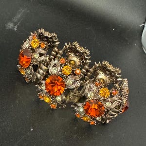Vintage orange rhinestone Glass  Gold Tone cocktail bracelet, mid century