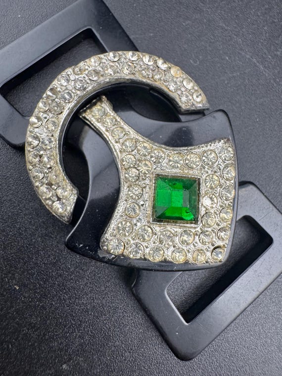 Art Deco Belt Buckle: Emerald Green Rhinestone, Black 