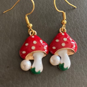 Novelty gold red and white enamel fairy toadstool drop earrings for pierced ears
