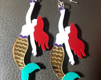 blue mermaid drop earrings for pierced ears, oversized acrylic gold