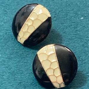 Black and cream enamel pair stud earrings pierced Vintage Gold tone