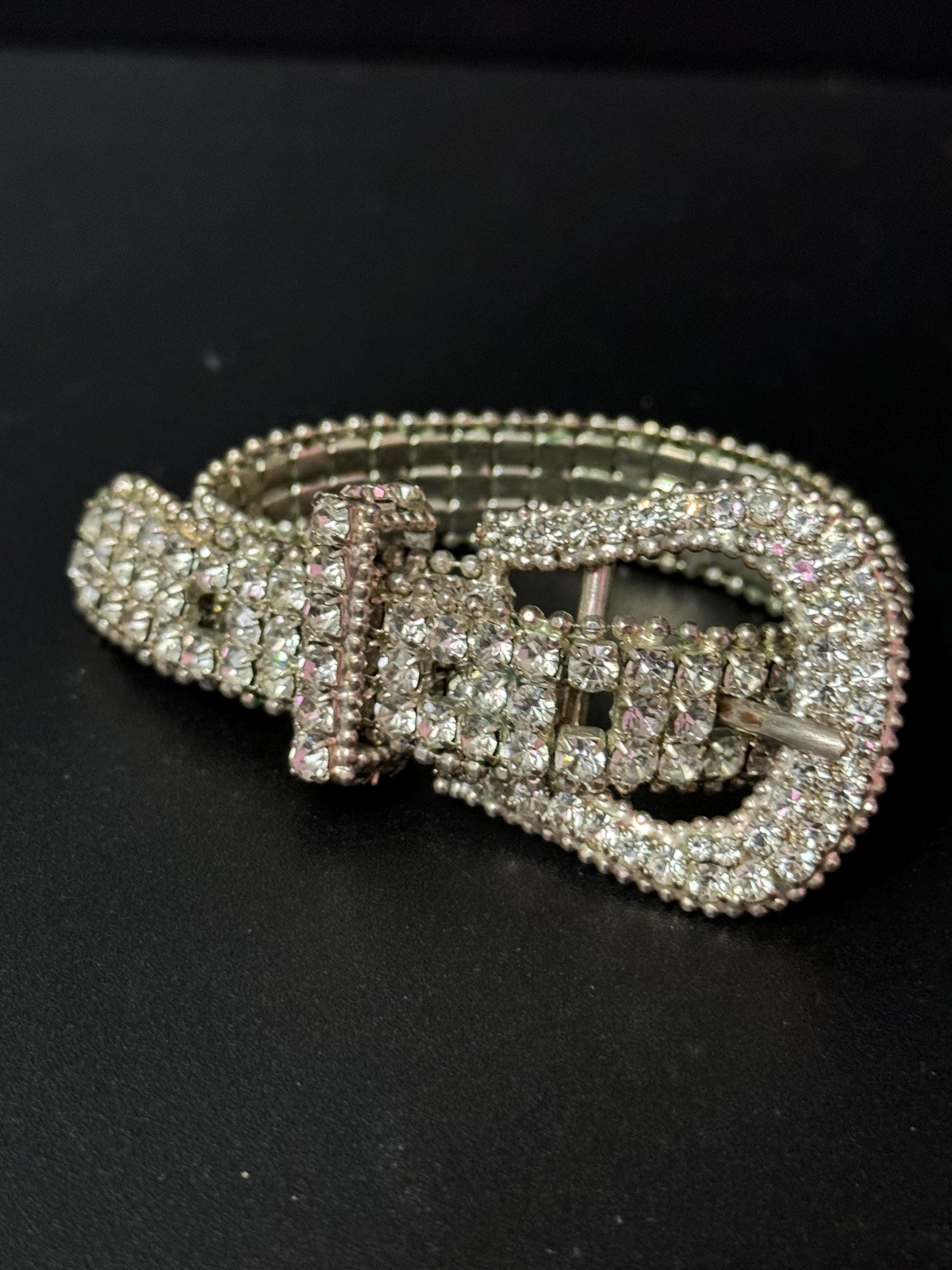Vintage Clear Diamante Rhinestone Wide Link Belt Buckle Bracelet