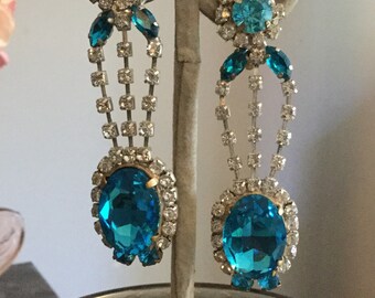 Czech Turquoise Blue and Clear Glass Paste Diamanté Chandelier Clip on Earrings