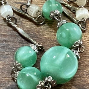 Petite Art Deco czech chrome silver metal choker necklace with green glass beads 39.5