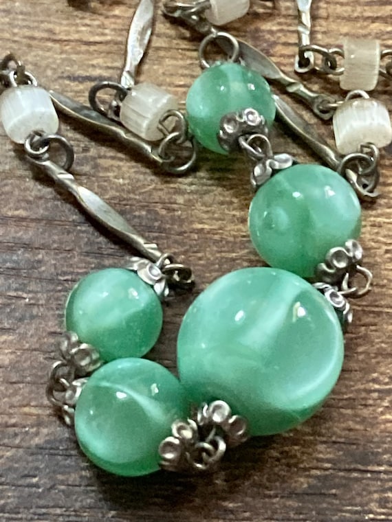 Art Deco Glass Necklace - Green Czech Beads, Chrome Choker
