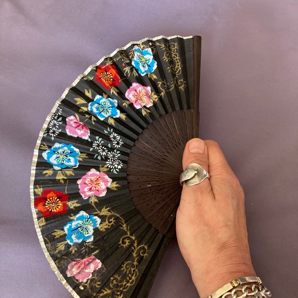 Handbag size small Vintage pink red blue flowers silver detailed Chinese hand painted fabric Ladies Hand Held Fan wooden