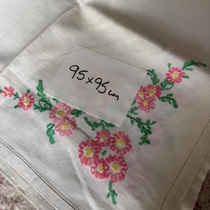 vintage 95cm square pink green floral embroidered linen tablecloth , mid century tablecloths , embroidery work