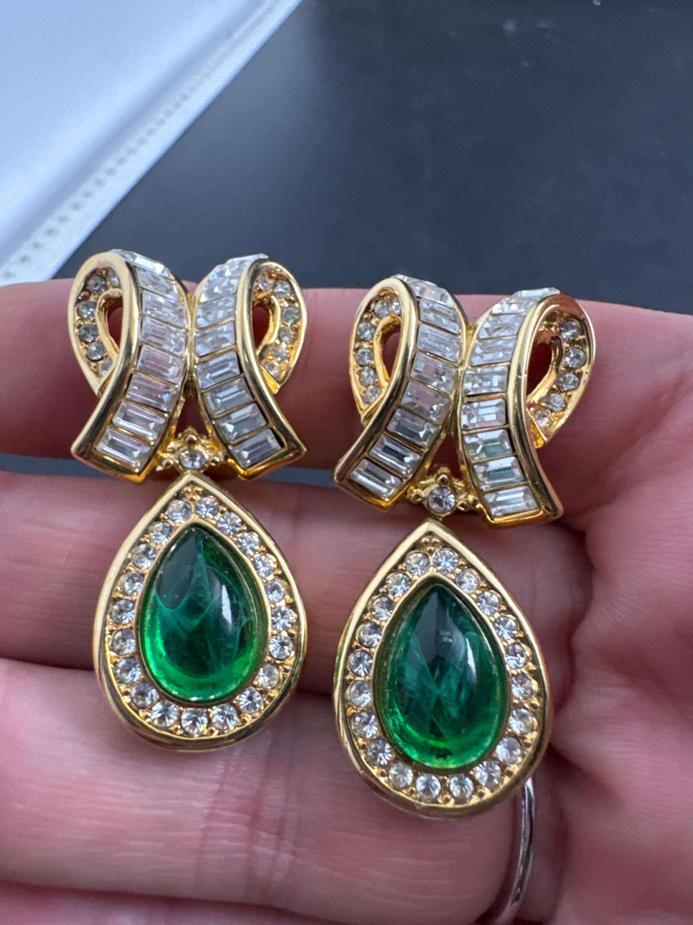 Christian Dior Clip on Earrings, Green Gripoix Teardrop, Baguette
