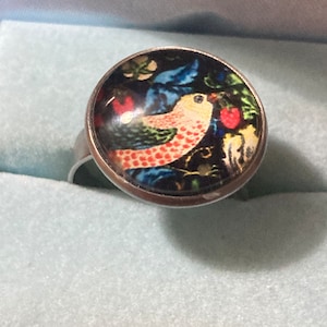 Strawberry thief print ring stainless steel glass cabochon adjustable