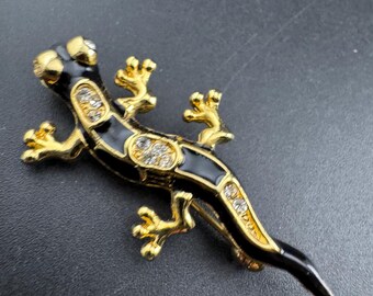 Gold Lizard Brooch, Black Enamel Rhinestone Pin | Vintage Costume Adornment | Retro Accent