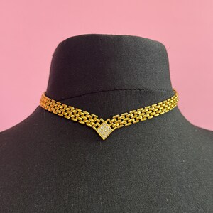 Retro 1980s slim panther link crystal diamanté V gold tone choker necklace