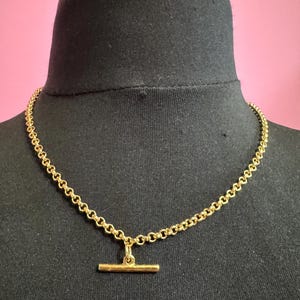 May include: A gold-coloured necklace with a T-bar pendant. The necklace is displayed on a black mannequin. The chain is made of small, round links. The background is a solid pink colour.