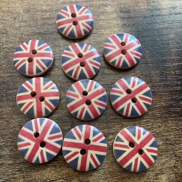 Set of 10 x 20mm round beige Union Jack wooden buttons with UK flag