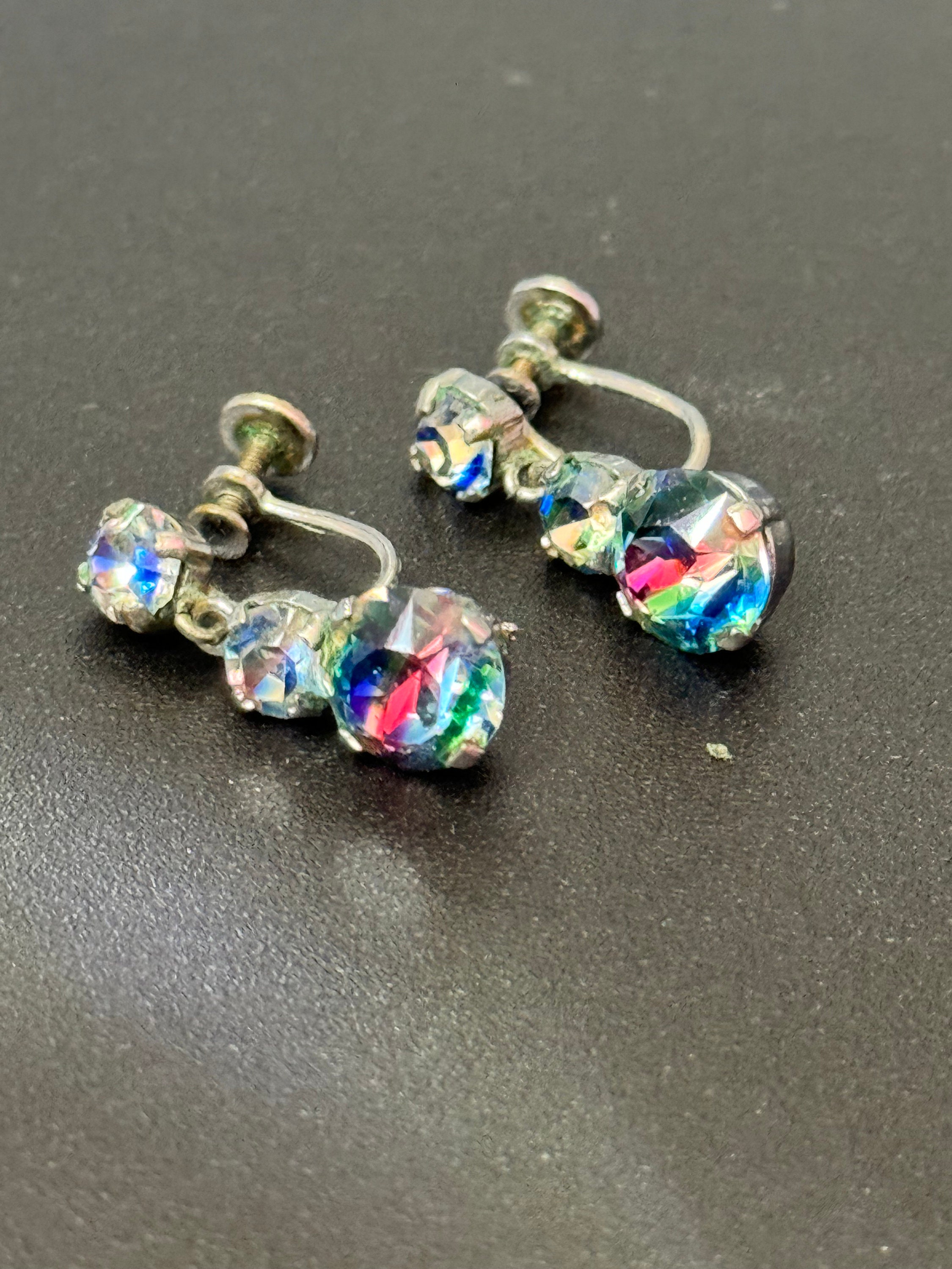 Vintage Iris Glass Clip on Earrings: Rhinestone Diamanté, 1940s