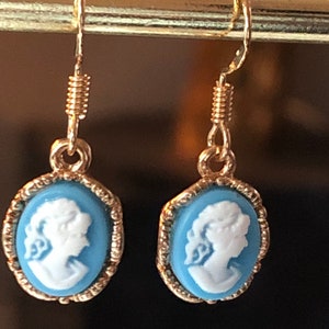 gold tone Wedgwood blue white drop CAMEO earrings
