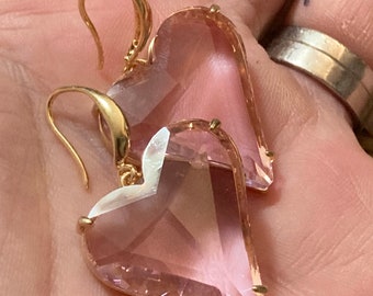 Oversized 18k gold plated pink love heart glass crystal drop charm earrings