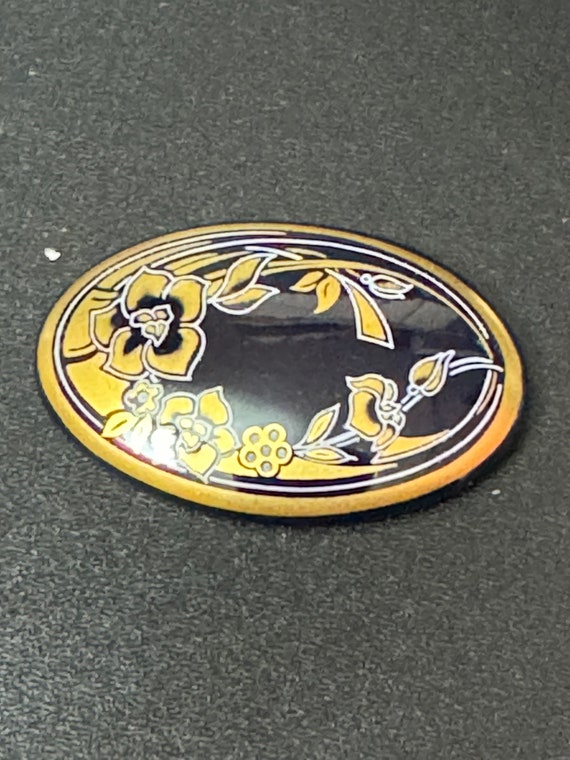 Broche Vintage Signée Michaela Frey - Style Art Nouveau - Émail Noir Et Fleurs En Métal Doré