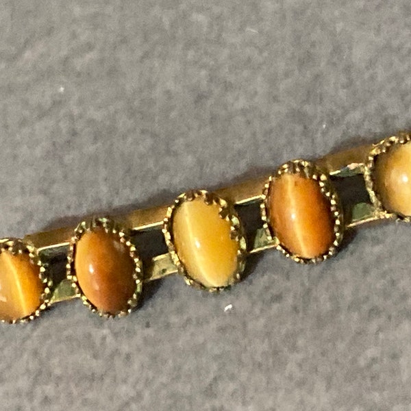 Victorian tigers eye gemstone bar brooch rolled gold or pinchbeck