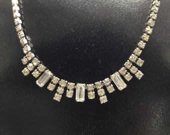 Vintage clear diamanté necklace paste rhinestone crystal silver tone