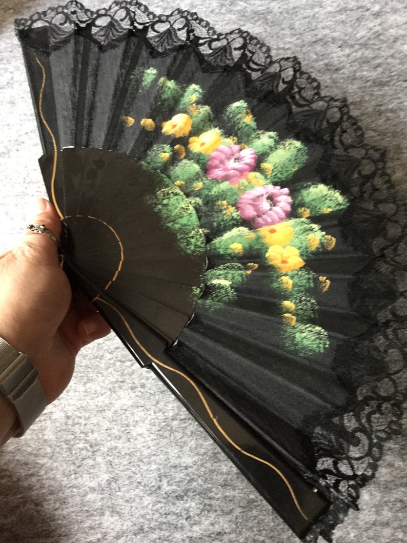 Vintage Retro Spanish Oriental Hand Painted Floral Fabric Ladies Hand Held Fan plastic spibes Orange purple flowers