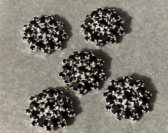 Large 22mm Set of 5 black glass diamanté paste rhinestone encrusted low domed buttons for coat silver tone metal shank round