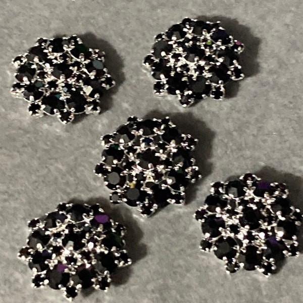 Large 22mm Set of 5 black glass diamanté paste rhinestone encrusted low domed buttons for coat silver tone metal shank round